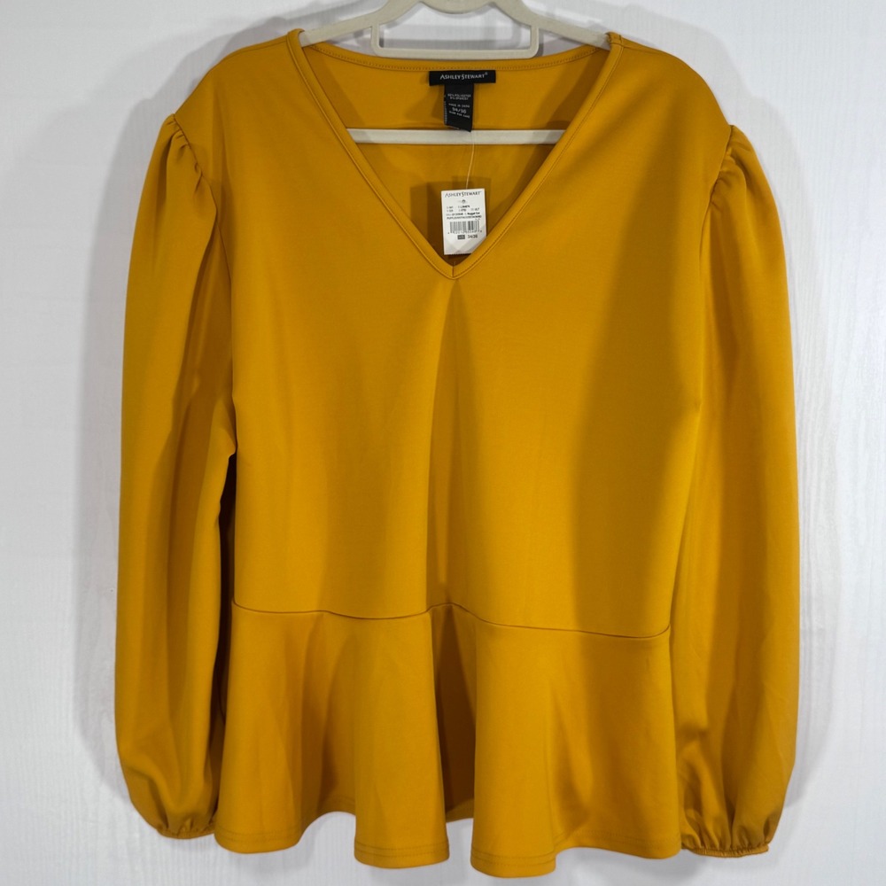 Ashley Stewart Women's V-Neck Peplum Long Sleeve Top Size 34/36 Gold